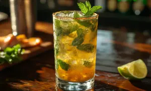 Orzeźwiające mojito bezalkoholowe z miętą i lodem, ozdobione plasterkiem limonki. Idealne na upalne dni.