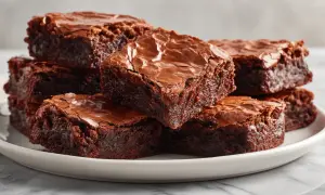 Stos puszystych, czekoladowych brownie z airfryer, z chrupiącą skórką i wilgotnym wnętrzem, ułożonych na białym talerzu.