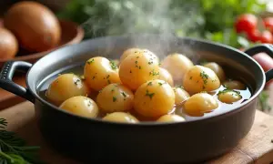 Parowane ziemniaki w garnku, posypane natką pietruszki. Idealne, by dowiedzieć się, jak ugotować ziemniaki.
