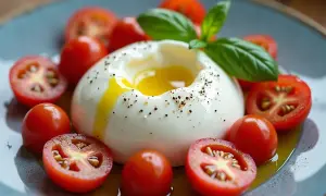 Ser burrata z pomidorkami koktajlowymi i bazylią. Jak jeść? Rozpływający się środek, świeże warzywa i oliwa tworzą idealne połączenie.