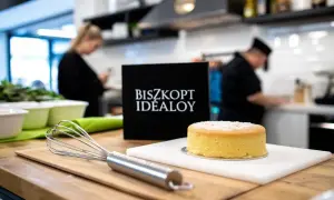 Idealny biszkopt z 10 jaj, gotowy do dekoracji. Obok trzepaczka i czarna tabliczka z napisem "BISZKOPT IDEALOY".