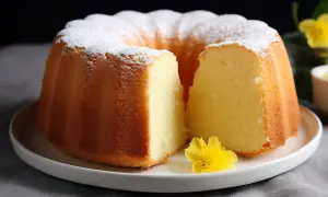Puszysta babka z majonezem, posypana cukrem pudrem, z kawałkiem ciasta odciętym, by pokazać jej wnętrze. Sprawdzony przepis na pyszne ciasto.