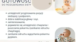 Gotowość do rozszerzania diety u niemowląt: siedzenie, stabilna głowa, zainteresowanie jedzeniem, chwytanie i zanik odruchu wypychania językiem.