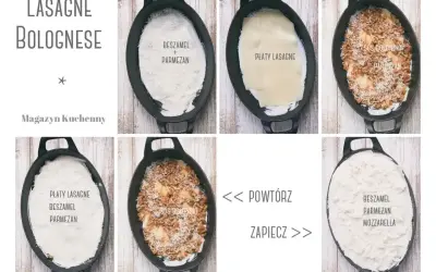 Jak zrobić lasagne krok po kroku: warstwy beszamelu, sosu bolońskiego, płatów lasagne i parmezanu.