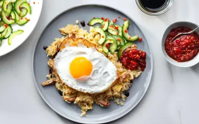 Pyszny ryż smażony z jajkiem sadzonym, ogórkiem i pikantnym sosem. Idealny posiłek nasi.