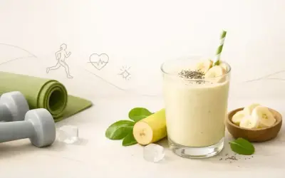 Zdrowy koktajl bananowy z nasionami chia, idealny po treningu. Obok leżą hantle i mata do ćwiczeń.