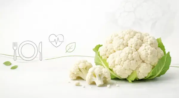 Cauliflower, symbolizujący zdrowie i lekkostrawność, na białym tle. Ikony talerza, serca i liścia podkreślają jego dietetyczne walory.