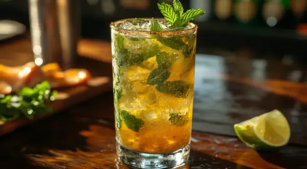 Orzeźwiające mojito bezalkoholowe z miętą i lodem, ozdobione plasterkiem limonki. Idealne na upalne dni.