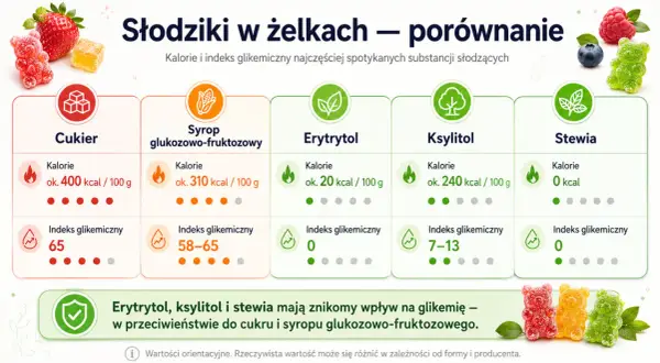 Porównanie słodzików w żelkach: czy żelki są zdrowe? Erytrytol, ksylitol i stewia mają niski indeks glikemiczny, w przeciwieństwie do cukru.