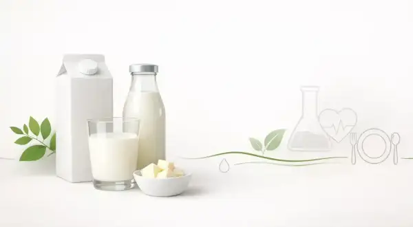 Mleko UHT w kartonie i butelce, szklanka mleka, masło. Grafika symbolizuje zdrowie i badania, sugerując pytanie: czy mleko UHT jest zdrowe?