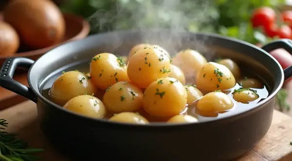 Parowane ziemniaki w garnku, posypane natką pietruszki. Idealne, by dowiedzieć się, jak ugotować ziemniaki.