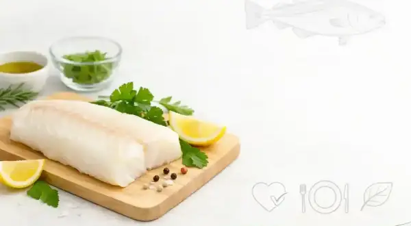 Świeży filet z dorsza na desce z cytryną i ziołami. Niska zawartość dorsz kcal czyni go idealnym wyborem dla dbających o linię.