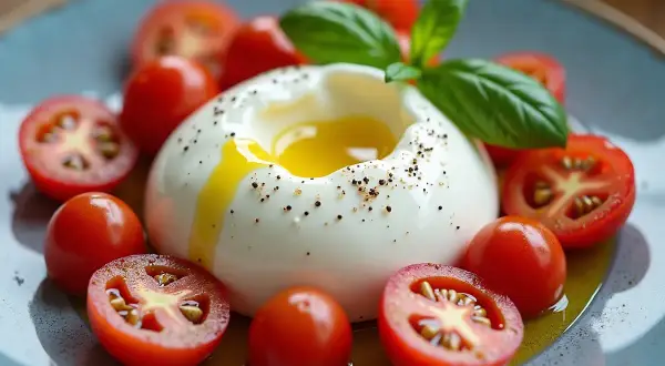 Ser burrata z pomidorkami koktajlowymi i bazylią. Jak jeść? Rozpływający się środek, świeże warzywa i oliwa tworzą idealne połączenie.