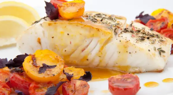 Pyszny halibut ryba, pieczony z pomidorkami koktajlowymi i ziołami, podany z plasterkami cytryny.