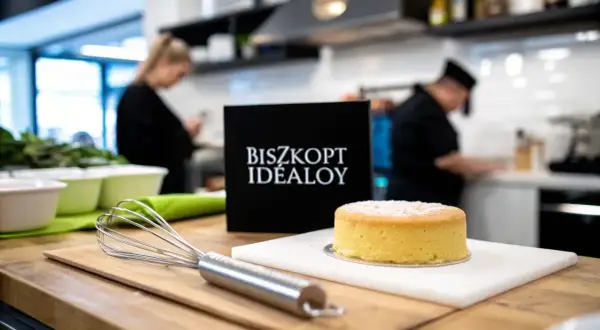 Idealny biszkopt z 10 jaj, gotowy do dekoracji. Obok trzepaczka i czarna tabliczka z napisem "BISZKOPT IDEALOY".