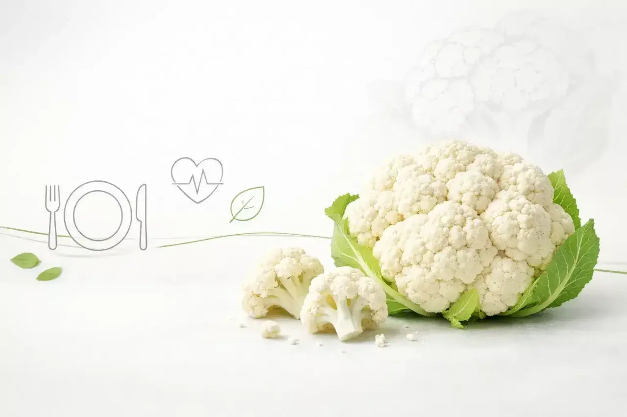Cauliflower, symbolizujący zdrowie i lekkostrawność, na białym tle. Ikony talerza, serca i liścia podkreślają jego dietetyczne walory.
