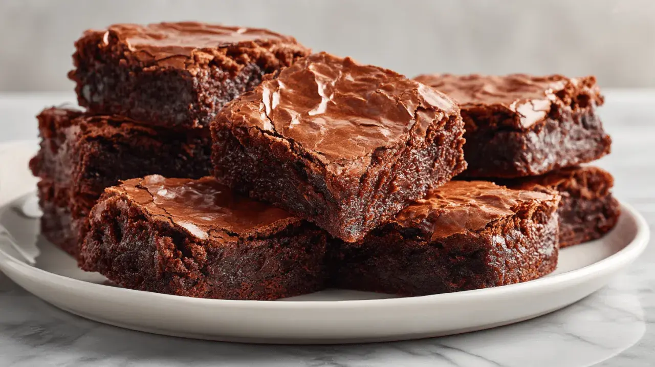 Stos puszystych, czekoladowych brownie z airfryer, z chrupiącą skórką i wilgotnym wnętrzem, ułożonych na białym talerzu.
