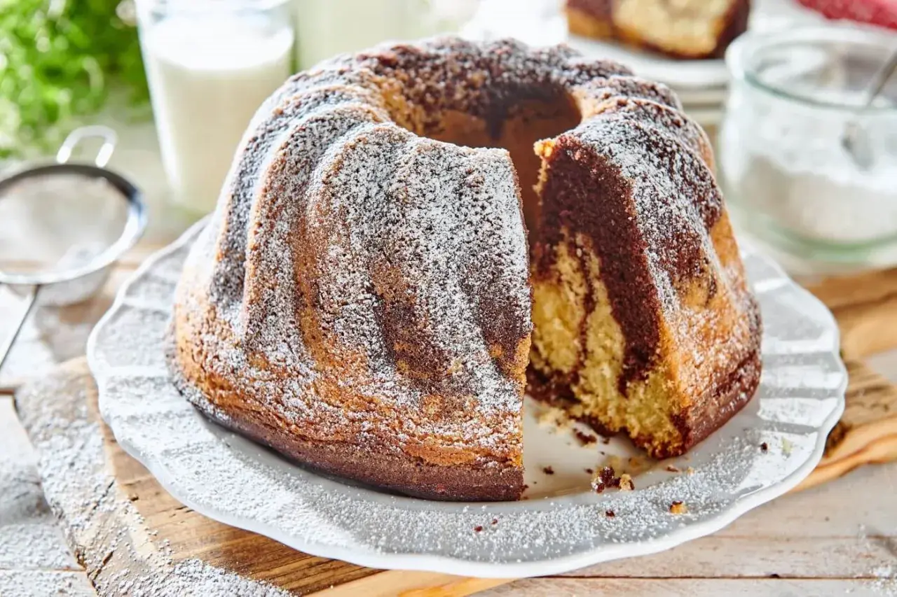 Wilgotna babka marmurkowa na oleju, oprószona cukrem pudrem, kusi apetycznym wyglądem. Idealna na deser.