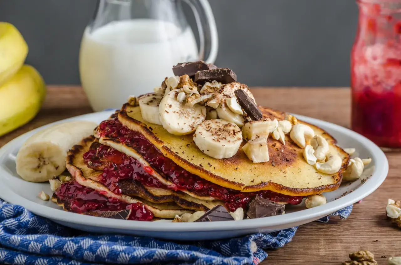 Stos puszystych, trzyskładnikowych placków bananowych z malinową konfiturą, bananami, orzechami i czekoladą.
