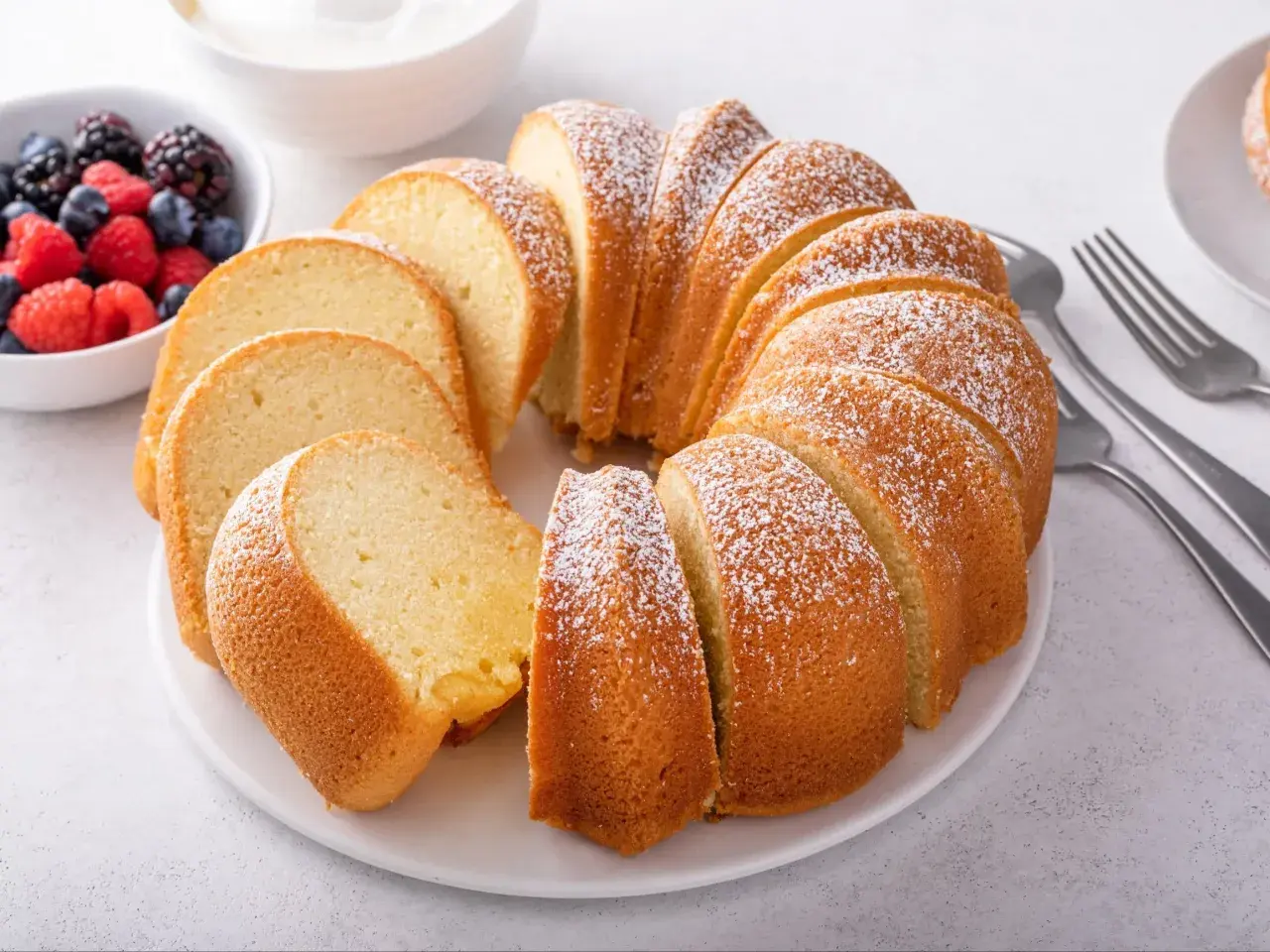 Pyszna babka piaskowa, idealna na deser. Przepis babci, który zawsze się udaje. Podana z owocami leśnymi i bitą śmietaną.