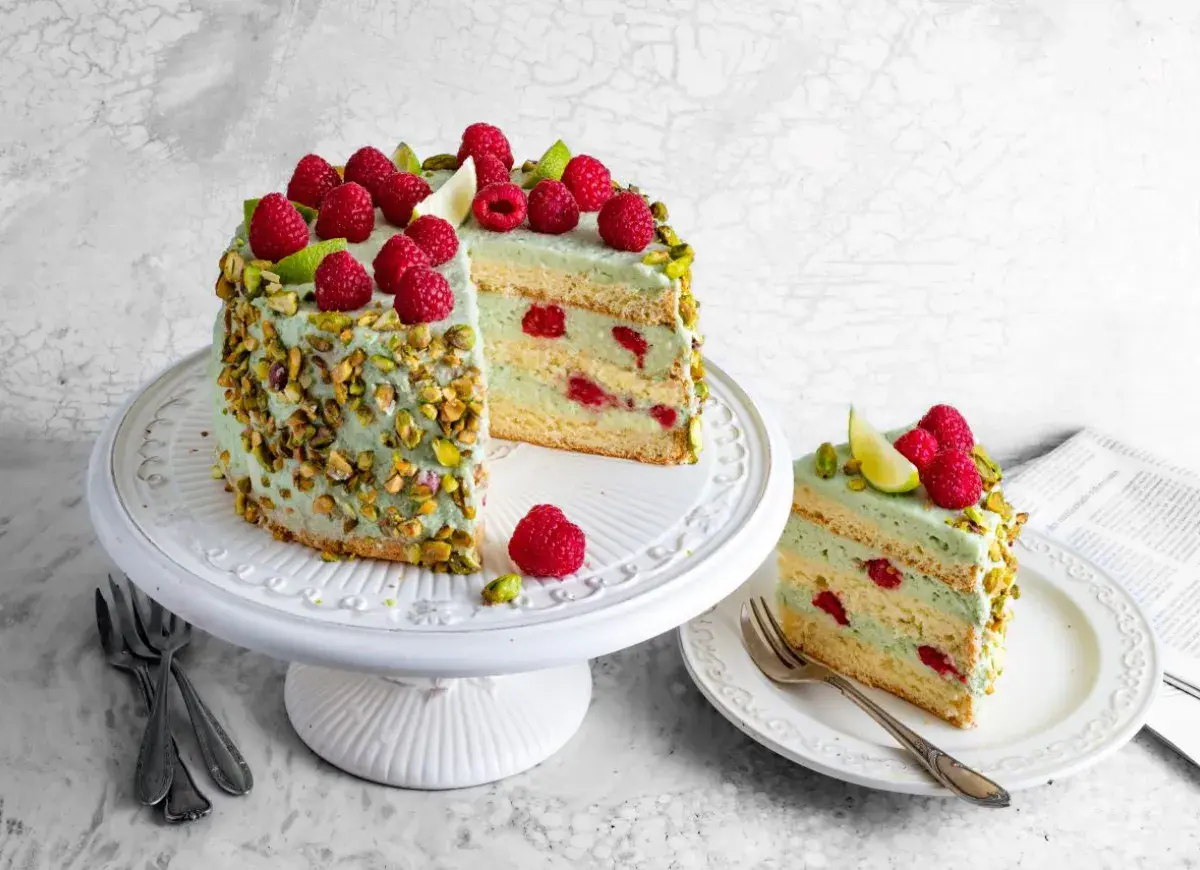 Wyjątkowy tort pistacjowo malinowy, udekorowany świeżymi malinami i pistacjami. Kawałek na talerzyku kusi warstwami kremu i owoców.