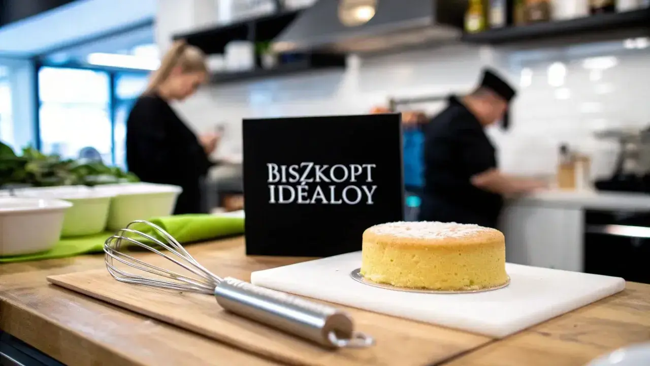 Idealny biszkopt z 10 jaj, gotowy do dekoracji. Obok trzepaczka i czarna tabliczka z napisem "BISZKOPT IDEALOY".