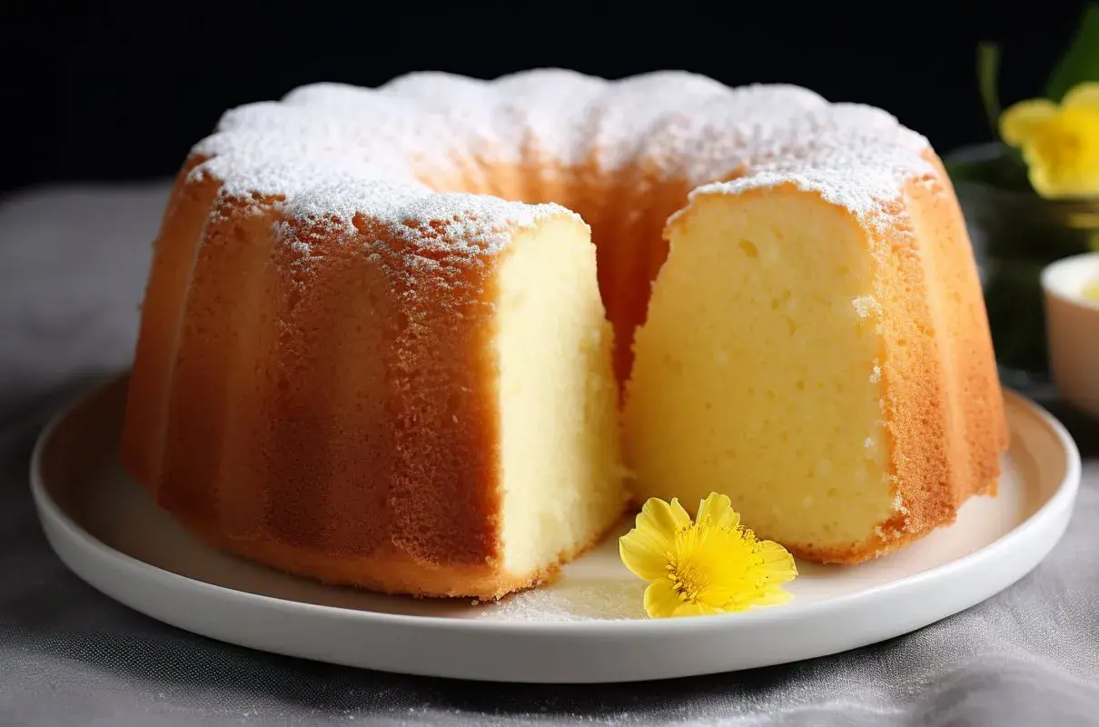 Puszysta babka z majonezem, posypana cukrem pudrem, z kawałkiem ciasta odciętym, by pokazać jej wnętrze. Sprawdzony przepis na pyszne ciasto.