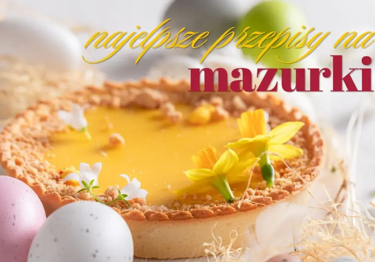 Przepis na bardzo dobry mazurek wielkanocny. Słodki, cytrynowy mazurek z żółtymi kwiatami i pisankami.