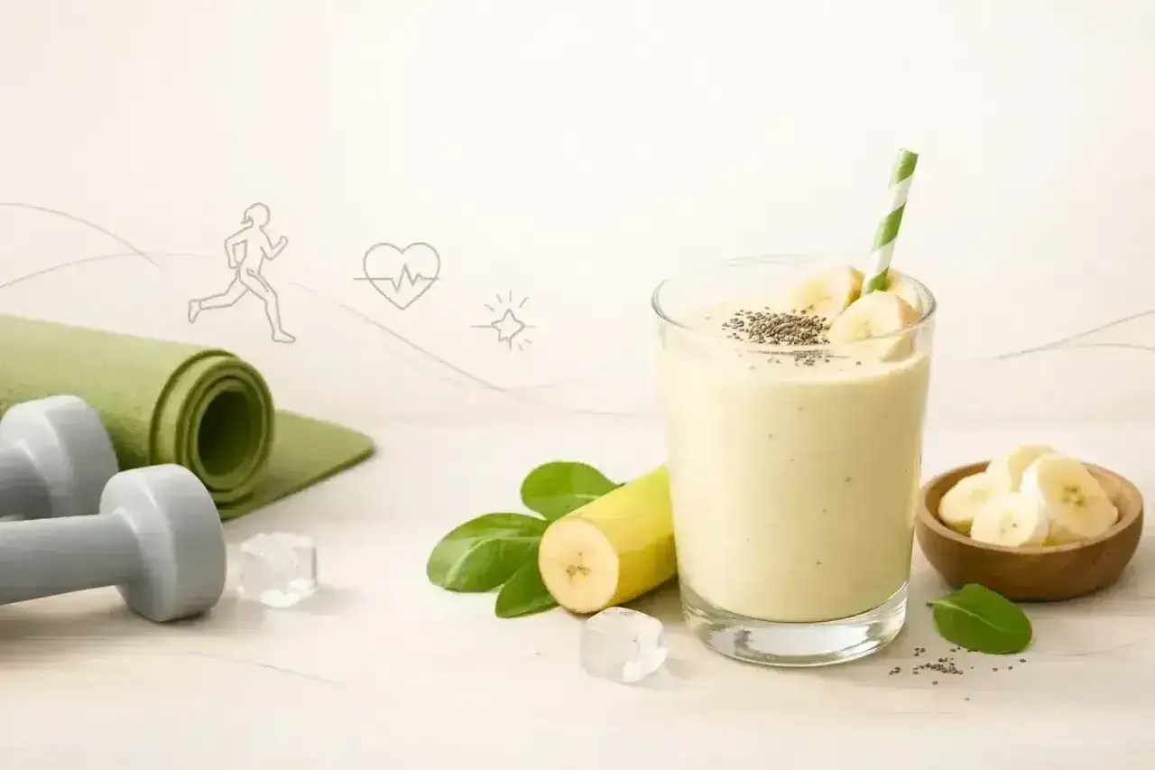 Zdrowy koktajl bananowy z nasionami chia, idealny po treningu. Obok leżą hantle i mata do ćwiczeń.