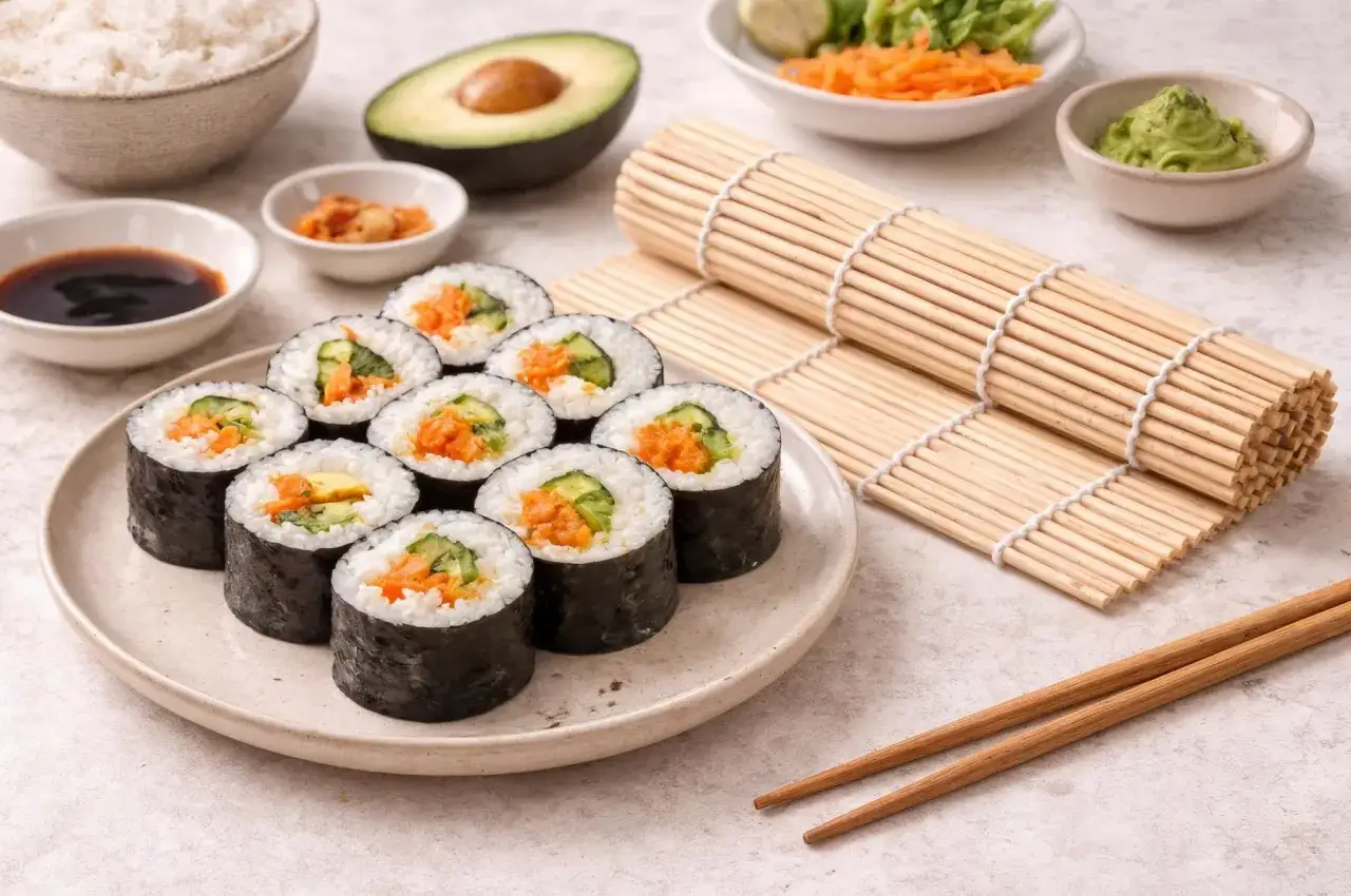 Gotowe rolki sushi z łososiem, awokado i ogórkiem, mata bambusowa i sos sojowy. Idealne, by zacząć przygodę, jak zrobić sushi!