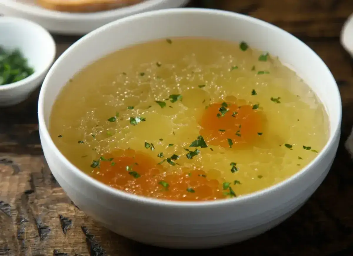 Aromaticzny rosół z marchewką i natką pietruszki. Czy rosół jest lekkostrawny? Tak, ten wygląda na idealny na lekki posiłek.