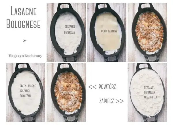 Jak zrobić lasagne krok po kroku: warstwy beszamelu, sosu bolońskiego, płatów lasagne i parmezanu.
